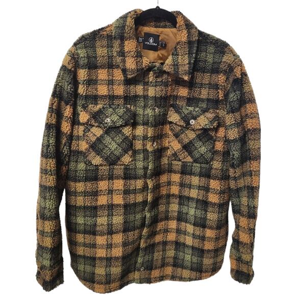 Volcom Silent Sherpa Faux Fur Bronze Plaid Jacket Shacket Size Women Large NWT - Picture 2 of 6
